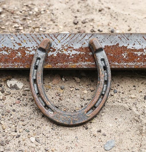 An image of an iron horseshoe next to a pencil-drawn sketch of a watch