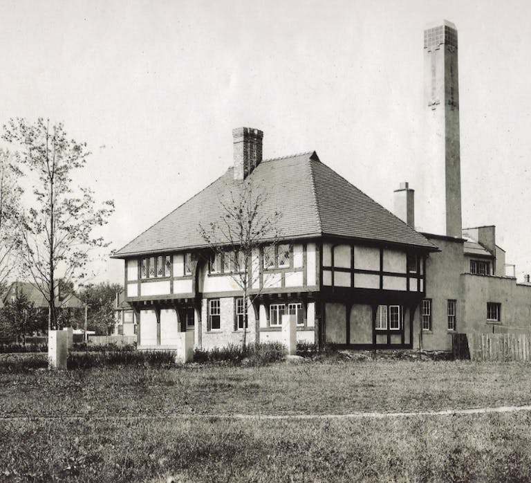 Vintage photo of exterior of Pewabic Pottery in its current location