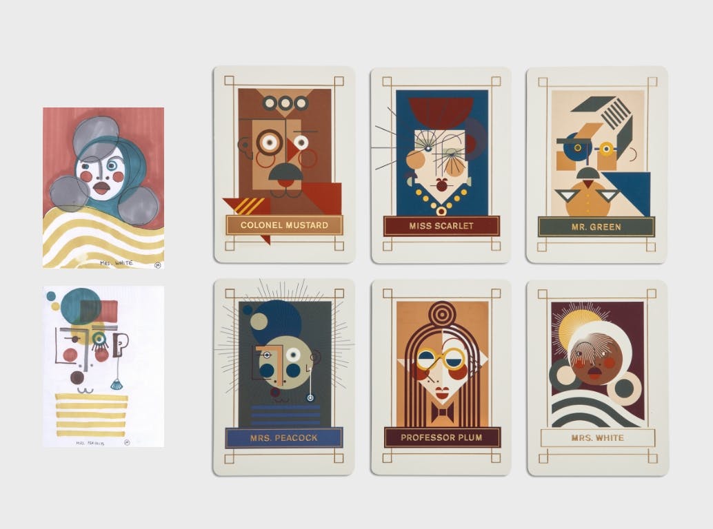 All eight of the hand-illustrated character cards