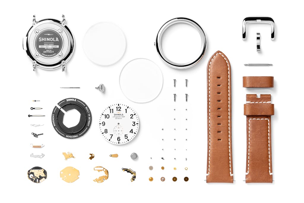 A breakdown of the parts of a Runwell watch